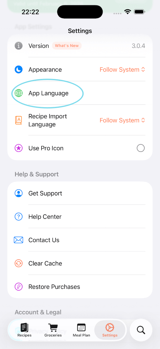 App Language setting