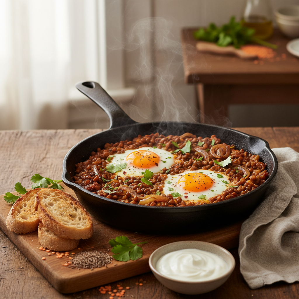 Spiced Lentil and Caramelized Onion Baked Eggs