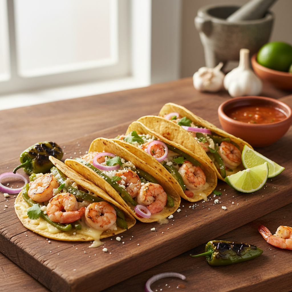 Tacos de Gobernador (Shrimp, Poblano, and Cheese Tacos)