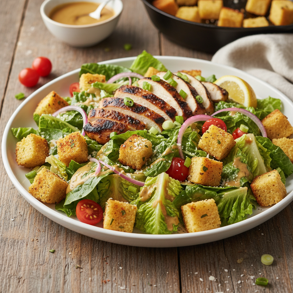 Creole Caesar Salad With Corn Bread Croutons