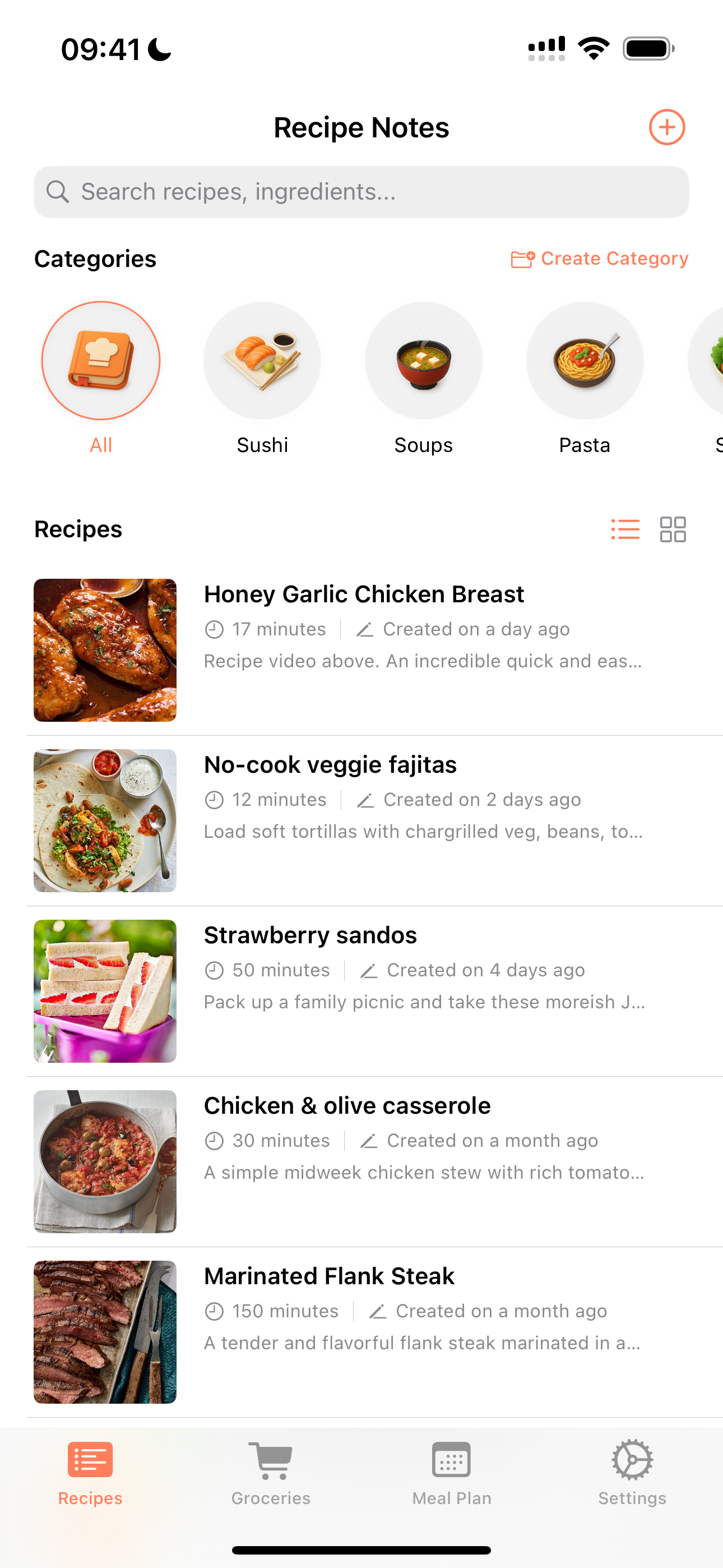 Recipe Notes app interface showing recipe organization, import features, and cloud sync capabilities