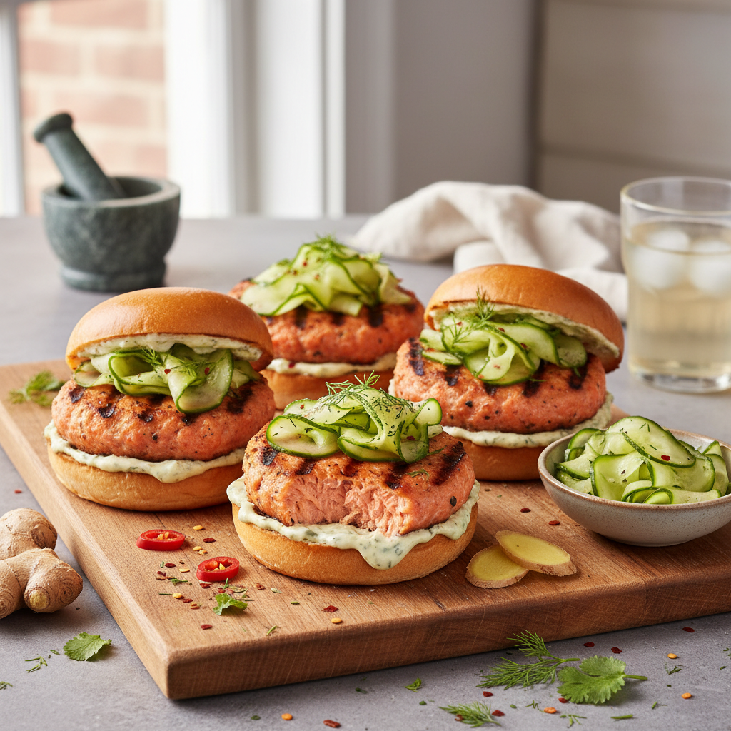 Salmon Burgers With Ginger and Quick-Pickled Cucumbers