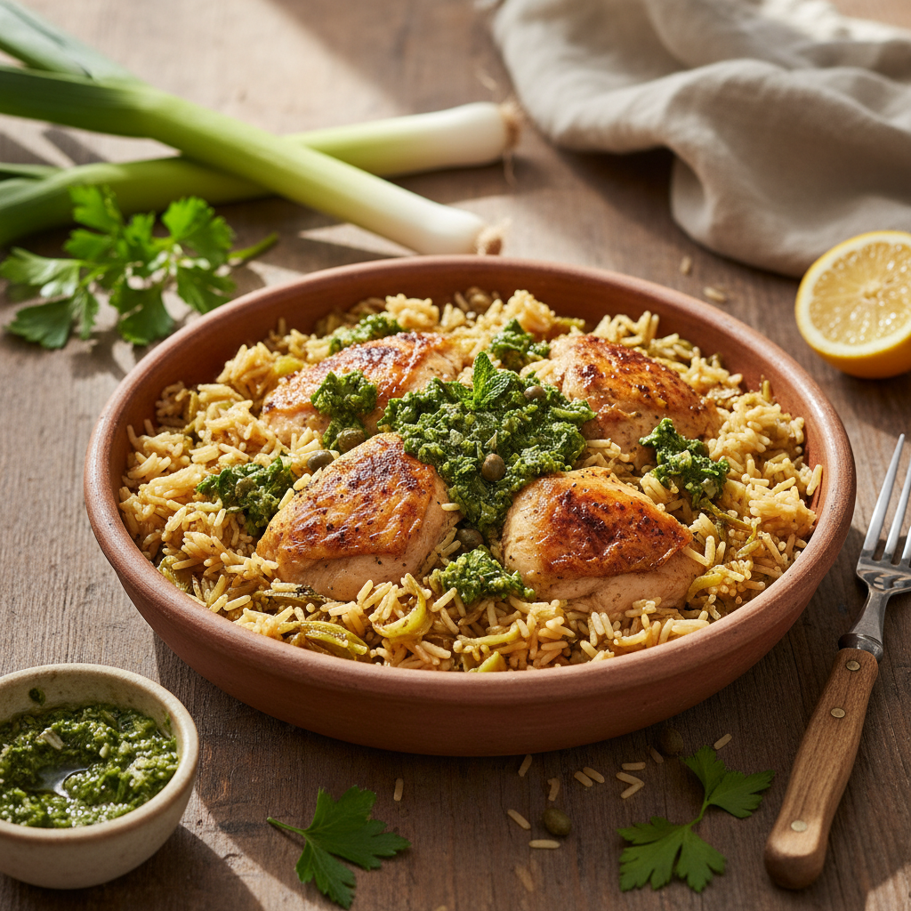 Chicken and Rice With Leeks and Salsa Verde