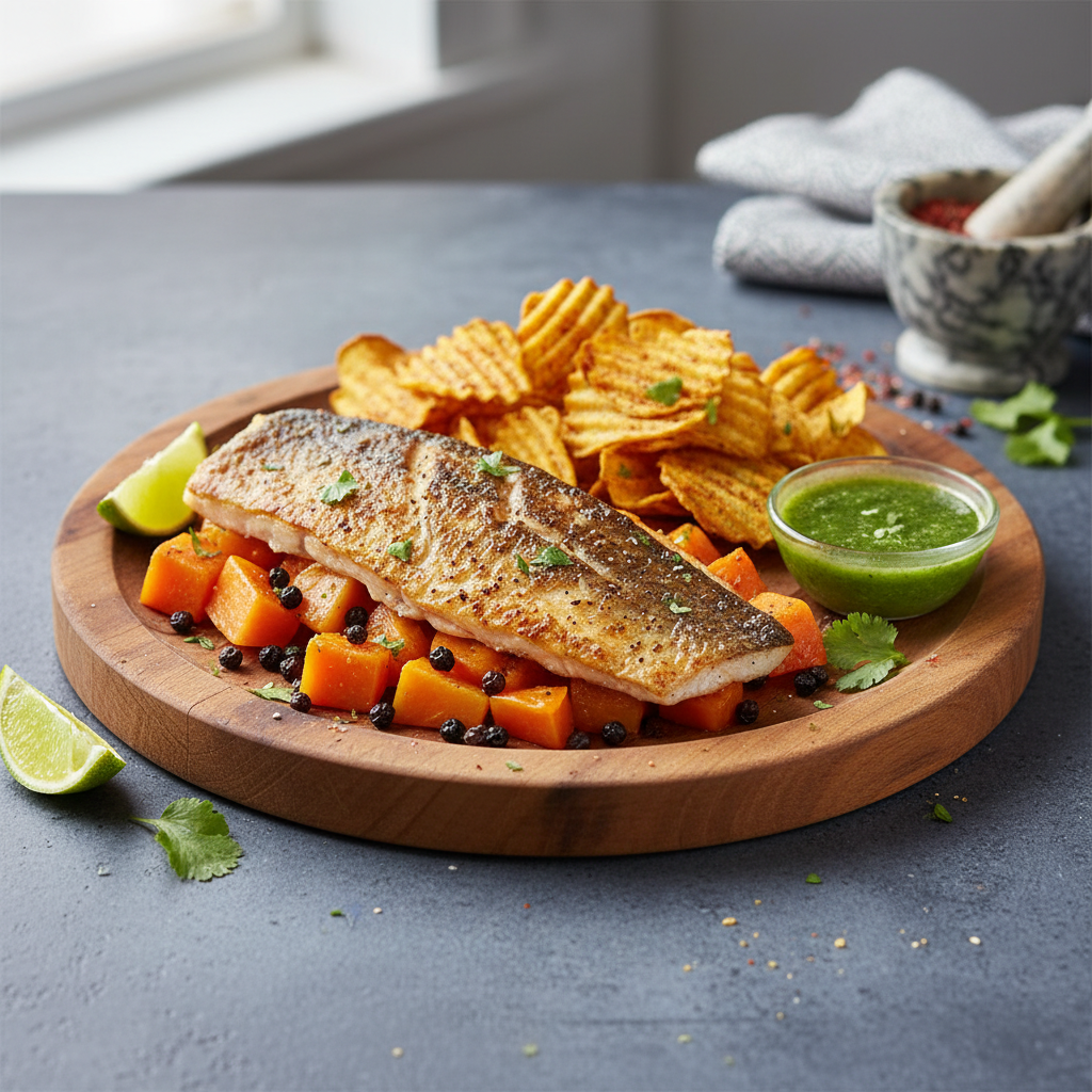 Papaya-and-Cubeb-Marinated Snapper With Baked Yam Chips
