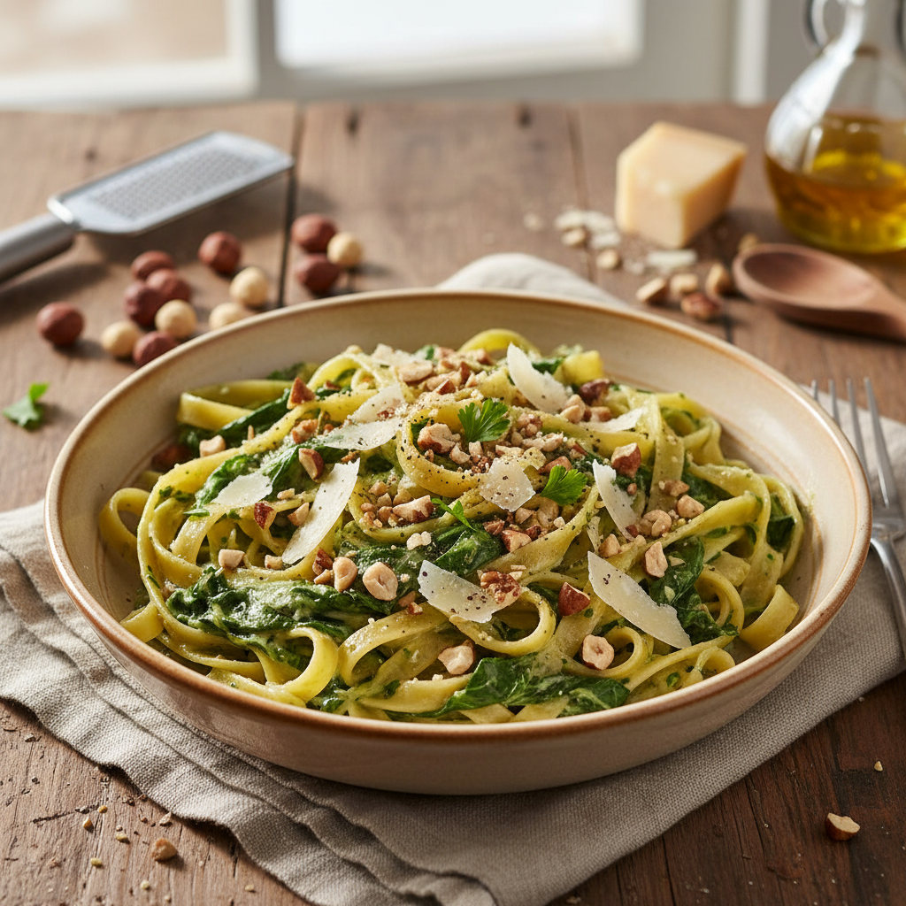 Swiss Chard Pasta With Toasted Hazelnuts and Parmesan